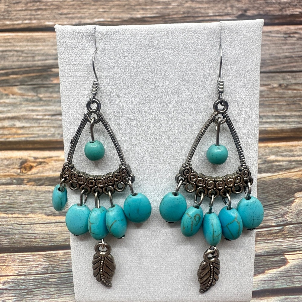 Turquoise Beaded Chandelier Earrings Silver Tone Leaf Charm Boho Statement Gift